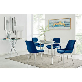 Cosmo Rectangular Chrome Metal And Glass Dining Table for Modern Dining Room With 4 Navy Velvet Pesaro Dining Chairs