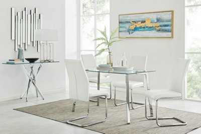Cosmo Rectangular Chrome Metal And Glass Dining Table for Modern Dining Room With 4 White Faux Leather Lorenzo Dining Chairs
