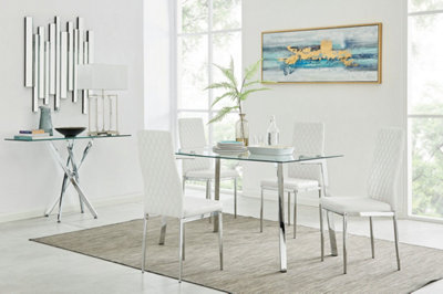 Cosmo Rectangular Chrome Metal And Glass Dining Table for Modern Dining Room With 4 White Faux Leather Milan Dining Chairs