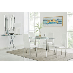 Cosmo Rectangular Chrome Metal And Glass Dining Table for Modern Dining Room With 4 White Faux Leather Milan Dining Chairs