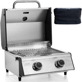 CosmoGrill 2 Burner Compact Gas Stainless Steel BBQ Ideal For Tables Grills Terraces Camping with Cover - FREE NEXT-DAY DELIVERY