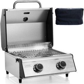 CosmoGrill 2 Burner Compact Gas Stainless Steel BBQ Ideal For Tables Grills Terraces Camping with Heavy Duty Cover