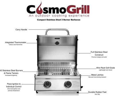 CosmoGrill 2 Burner Compact Gas Stainless Steel BBQ Ideal For Tables Grills Terraces Camping with Heavy Duty Cover - 8
