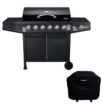 CosmoGrill 6+1 Original Series Black Gas Barbecue with Weatherproof Cover & Side Burner - 6
