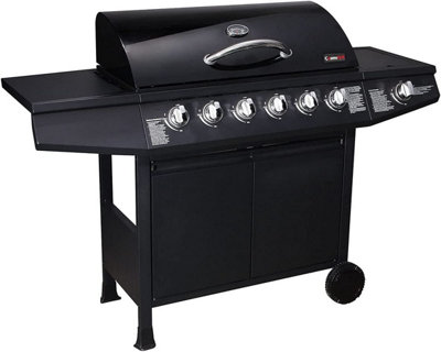 CosmoGrill 6+1 Original Series Black Gas BBQ with Side Barbecue Burner and Storage