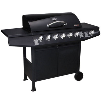 CosmoGrill 6+1 Original Series Black Gas BBQ with Side Barbecue Burner and Storage - 7