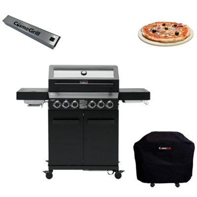 CosmoGrill 6 Burner Platinum Yamara Dark 4+2 Gas BBQ, Viewing Glass with Cover, Pizza Stone and Smoker Box