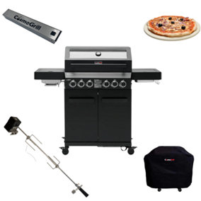 CosmoGrill 6 Burner Platinum Yamara Dark 4+2 Gas BBQ, Viewing Glass with Cover, Rotisserie, Pizza Stone and Smoker Box