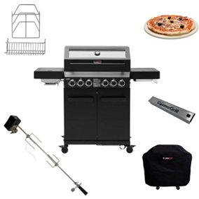 CosmoGrill 6 Burner Platinum Yamara Dark 4+2 Gas BBQ, Viewing Glass with Cover, Rotisserie, Storage Set, Pizza Stone & Smoker Box