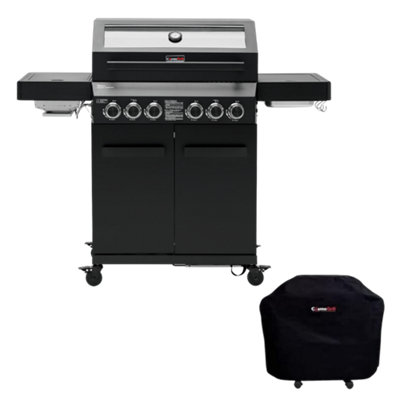 CosmoGrill 6 Burner Platinum Yamara Dark 4+2 Gas BBQ, Viewing Glass with Cover