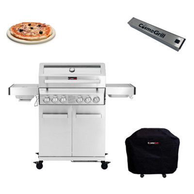 CosmoGrill 6 Burner Stainless Steel Yamara 4+2 Gas BBQ, Viewing Glass, 4 Main Burners, Cover, Smoker Box and Pizza Stone