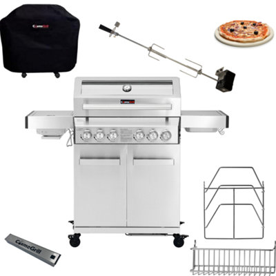 CosmoGrill 6 Burner Stainless Steel Yamara 4+2 Gas BBQ, Viewing Glass, Cover, Storage set, Smoker Box, Pizza Stone & Rotisserie