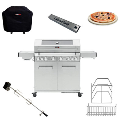 CosmoGrill 6 Burner Stainless Steel Yamara 6+2 Gas BBQ, Viewing Glass, Cover, Rotisserie, Storage Set, Pizza Stone & Smoker Box