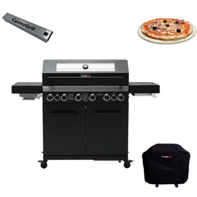 CosmoGrill 8 Burner Platinum Yamara Dark 6+2 Gas BBQ, Viewing Glass with Cover, Pizza Stone and Smoker Box