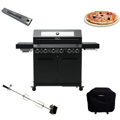 CosmoGrill 8 Burner Platinum Yamara Dark 6+2 Gas BBQ, Viewing Glass with Cover, Rotisserie, Pizza Stone and Smoker Box