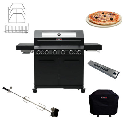 CosmoGrill 8 Burner Platinum Yamara Dark 6+2 Gas BBQ, Viewing Glass with Cover, Rotisserie, Storage Set, Pizza Stone & Smoker Box