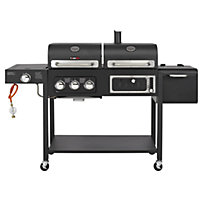CosmoGrill Duo Dual Fuel Black Gas and Charcoal Barbecue with Wheels Cast Iron Grates Offset Smoker