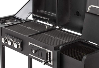 CosmoGrill Duo Dual Fuel Black Gas and Charcoal Barbecue with Wheels Cast Iron Grates Offset Smoker - 3