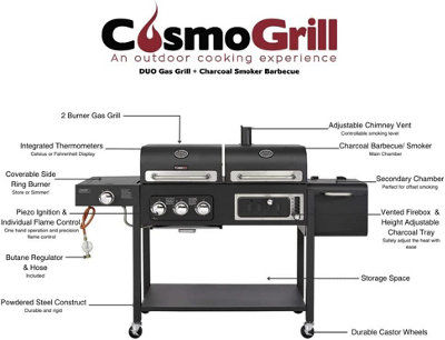 CosmoGrill Duo Dual Fuel Black Gas and Charcoal Barbecue with Wheels Cast Iron Grates Offset Smoker - 8