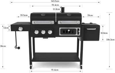 CosmoGrill Duo Dual Fuel Black Gas and Charcoal Barbecue with Wheels Cast Iron Grates Offset Smoker - 9