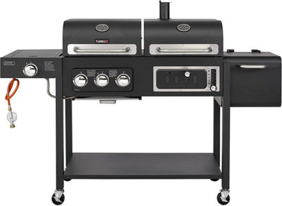 CosmoGrill Hybrid 4 Burner Barbecue DUO Dual Fuel 3+1 Gas Grill and Charcoal Smoker, Built-in Temperature Gauge