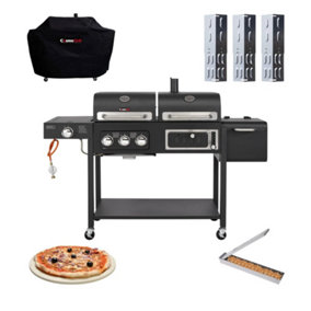 CosmoGrill Hybrid 4 Burner Dual Fuel 3+1 Gas + Charcoal BBQ With Cover, Pizza Stone, Smoker Box & Tamers