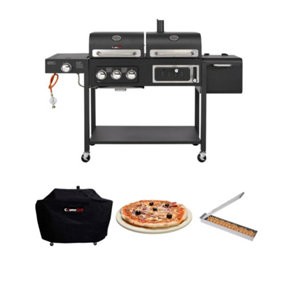 CosmoGrill Hybrid 4 Burner Dual Fuel 3+1 Gas & Charcoal Smoker BBQ With Cover, Pizza Stone & Smoker Box