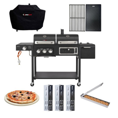 CosmoGrill Hybrid 4 Burner DUO Dual Fuel 3+1 Gas and Charcoal Barbecue, Cover, Cast Iron Grill, Tamers, Pizza Stone, Smoker Box