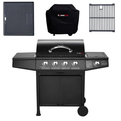 CosmoGrill Original 5 Gas Burner 4+1 Outdoor Barbecue For Garden with Cover, Cast Iron Griddle and Grill Grate