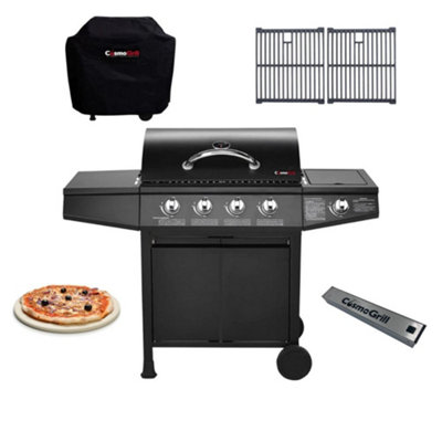 CosmoGrill Original 5 Gas Burner 4+1 Outdoor Barbecue For Garden with Cover, Pizza Stone, Smoker Box and Two Cast Iron Grill Grate