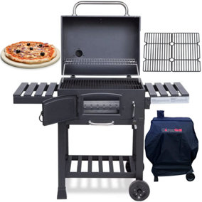 CosmoGrill Outdoor XL Smoker Charcoal Barbecue For Garden with Cover, Cast Iron Grills, and Pizza Stone