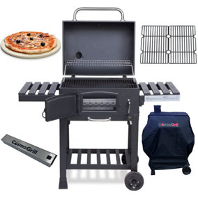 CosmoGrill Outdoor XL Smoker Charcoal Barbecue For Garden with Cover, Cast Iron Grills, Pizza Stone, and Smoker Box