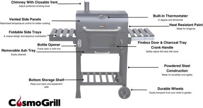 CosmoGrill Outdoor XL Smoker Charcoal Barbecue Grill Garden with Weatherproof Cover - FREE NEXT-DAY DELIVERY
