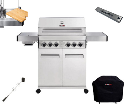 CosmoGrill Platinum Stainless Steel 4+2 Silver Gas Barbecue with Cover, Rotisserie, Bamboo Cutting Board & Smoker Box