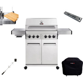 CosmoGrill Platinum Stainless Steel 4+2 Silver Gas Barbecue with Cover, Rotisserie, Bamboo Cutting Board & Smoker Box