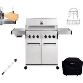 CosmoGrill Platinum Stainless Steel 4+2 Silver Gas Barbecue with Cover, Rotisserie, Bamboo Cutting Board & Steel Storage Set