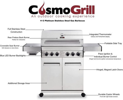 CosmoGrill Platinum Stainless Steel 4+2 Silver Gas Barbecue with Side Searer and Storage - 8