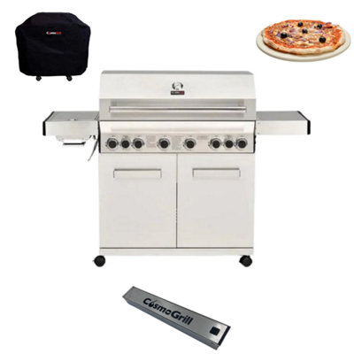 CosmoGrill Platinum Stainless Steel 6+2 Silver Gas Barbecue with Cover, Pizza Stone & Smoker Box