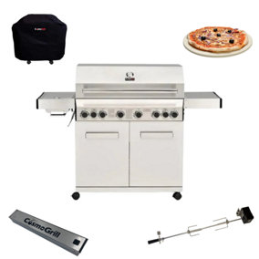 CosmoGrill Platinum Stainless Steel 6+2 Silver Gas Barbecue with Cover, Rotisserie, Pizza Stone & Smoker Box