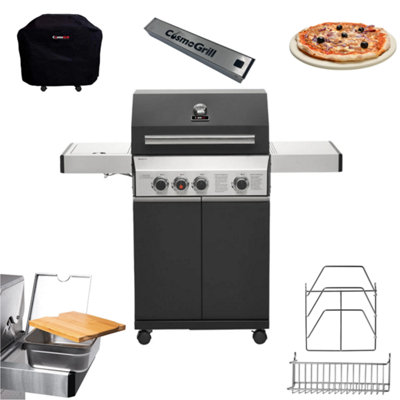 CosmoGrill Premium Black 3+1 Gas Barbecue with Cover, Bamboo Cutting Board, Pizza Stone, Smoker Box & Steel Storage Set