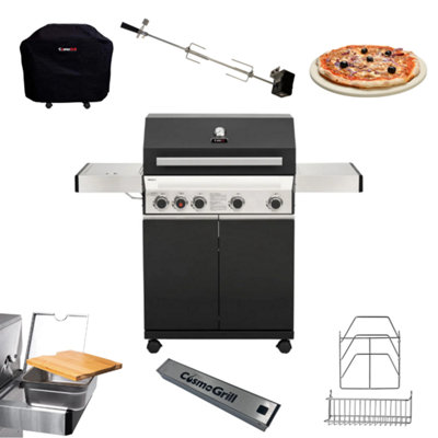 CosmoGrill Premium Black 4+1 Gas Barbecue, Cover, Rotisserie, Bamboo Cutting Board, Pizza Stone, Smoker Box & Steel Storage Set