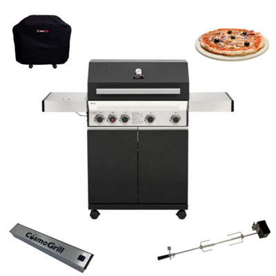 CosmoGrill Premium Black 4+1 Gas Barbecue with Cover, Rotisserie, Pizza Stone & Smoker Box