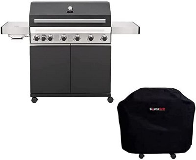 CosmoGrill Premium Black 6+1 Black Gas Barbecue with Weatherproof Cover and Side Searer