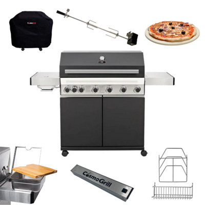 CosmoGrill Premium Black 6+1 Gas Barbecue, Cover, Rotisserie, Bamboo Cutting Board, Pizza Stone, Smoker Box & Steel Storage Set