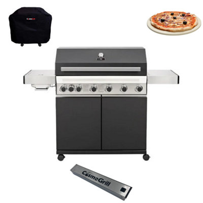 CosmoGrill Premium Black 6+1 Gas Barbecue with Cover, Pizza Stone & Smoker Box