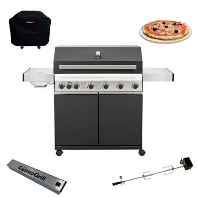 CosmoGrill Premium Black 6+1 Gas Barbecue with Cover, Rotisserie, Pizza Stone & Smoker Box