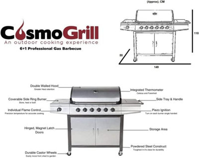 CosmoGrill Pro 6+1 Silver Gas Barbecue with Side Burner and Storage - 6
