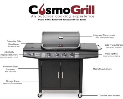 CosmoGrill Pro Deluxe 5 Gas Burner 4+1 Barbecue Grill with Storage & Weatherproof Cover - NEXT DAY DELIVERY INC WEEKEND