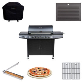 CosmoGrill Pro Deluxe 7 Gas Burner 6+1 Barbecue Grill with Cover, Pizza Stone, Smoker Box, Cast Iron Grill Grates and Griddle