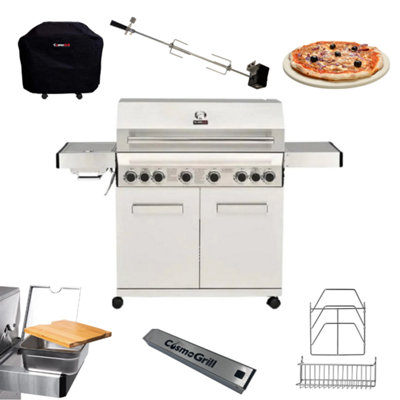 CosmoGrill Stainless Steel 6+2 Gas Barbecue, Cover, Rotisserie, Bamboo Cutting Board, Pizza Stone, Smoker Box & Steel Storage Set